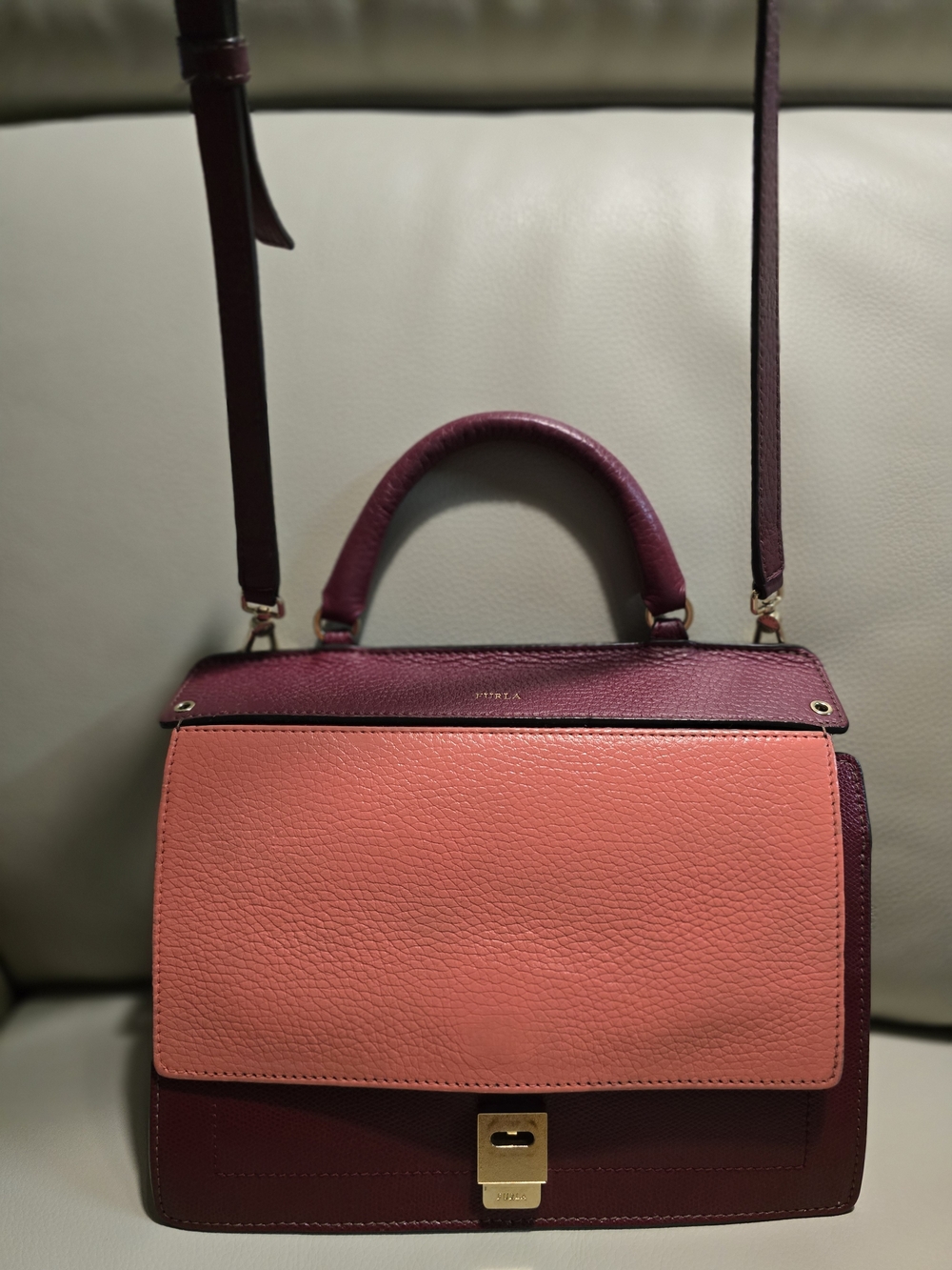 Furla Genuine Leather Two Tone Coral Plum Top Handle Crossbody Satchel Bag